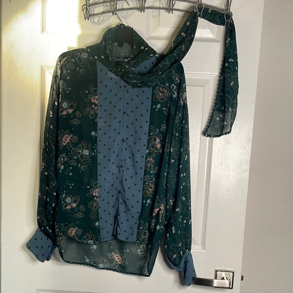 See by Chloe sheer long sleeve floral button down blouse with neck tie - Picture 1 of 8